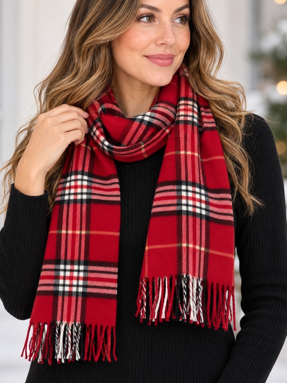 V Fraas Cashmink Red Plaid Scarf Made Germany Acrylic Tartan Fringe Classic